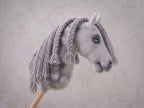 Dapple Gray Stick Horse with Braided Mane, Elegant Hobby Horse Toy for Kids, Blue Eyed Pretend Play Equestrian Gift