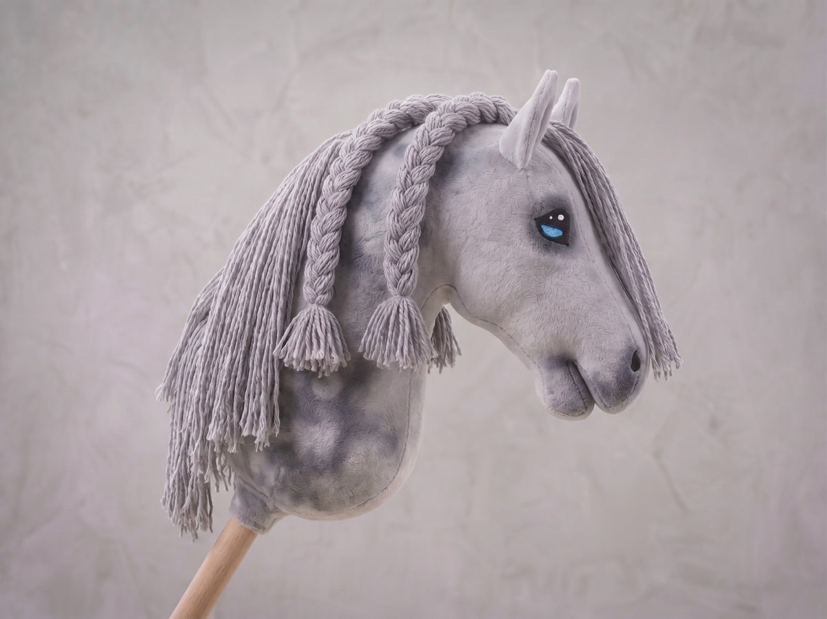 Dapple Gray Stick Horse with Braided Mane, Elegant Hobby Horse Toy for Kids, Blue Eyed Pretend Play Equestrian Gift