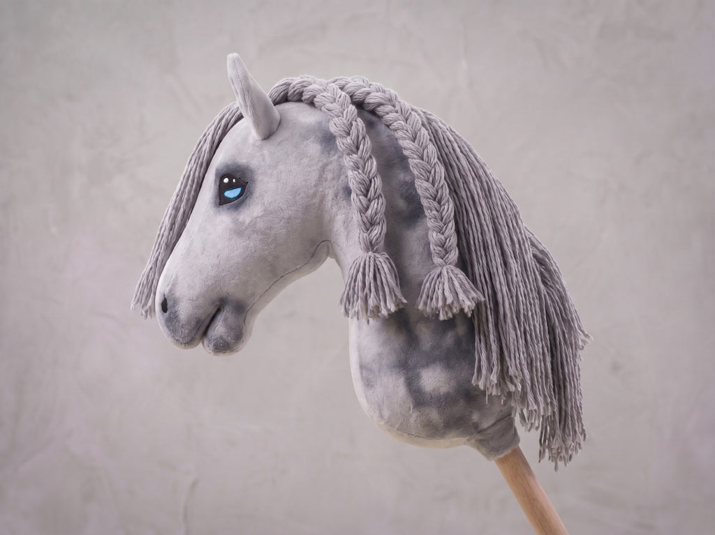 Dapple Gray Stick Horse with Braided Mane, Elegant Hobby Horse Toy for Kids, Blue Eyed Pretend Play Equestrian Gift
