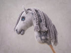Dapple Gray Stick Horse with Braided Mane, Elegant Hobby Horse Toy for Kids, Blue Eyed Pretend Play Equestrian Gift