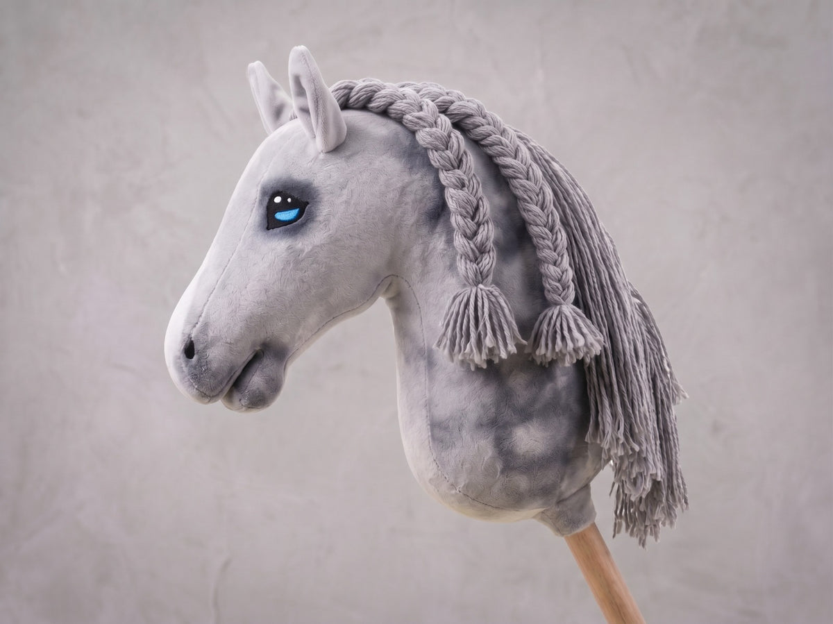 Dapple Gray Stick Horse with Braided Mane, Elegant Hobby Horse Toy for Kids, Blue Eyed Pretend Play Equestrian Gift