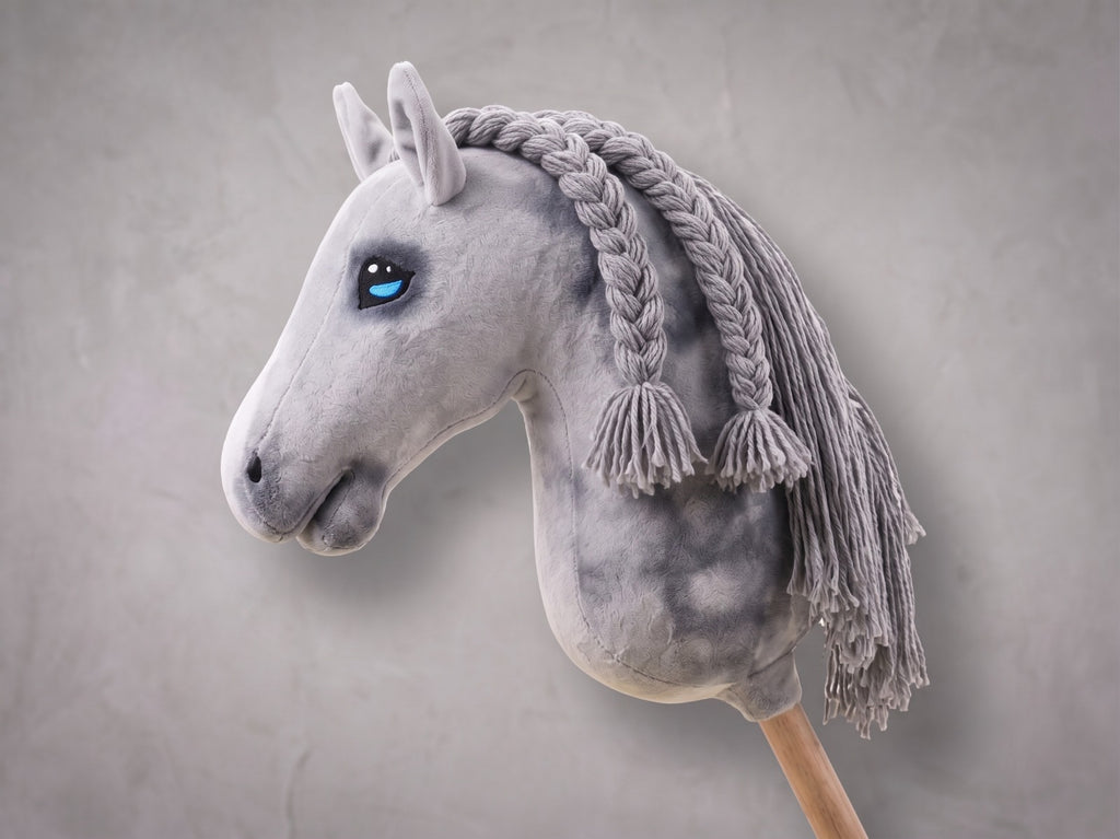 Dapple Gray Stick Horse with Braided Mane, Elegant Hobby Horse Toy for Kids, Blue Eyed Pretend Play Equestrian Gift
