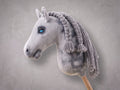 Dapple Gray Stick Horse with Braided Mane, Elegant Hobby Horse Toy for Kids, Blue Eyed Pretend Play Equestrian Gift