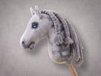 Dapple Gray Stick Horse with Braided Mane, Elegant Hobby Horse Toy for Kids, Blue Eyed Pretend Play Equestrian Gift