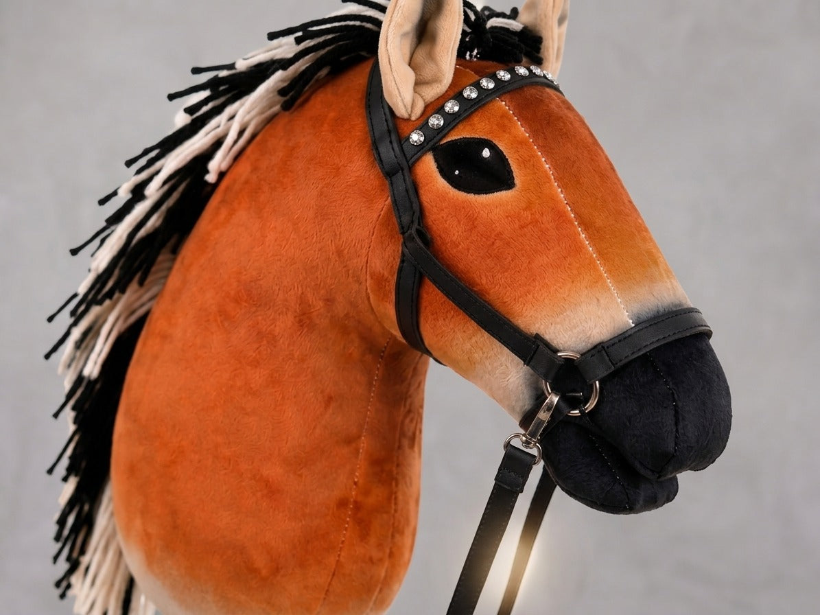 Chestnut Brown Stick Horse Toy, Realistic Hobby Horse for Kids Pretend Play, Rhinestone Halter Included, Horse Lover Gift