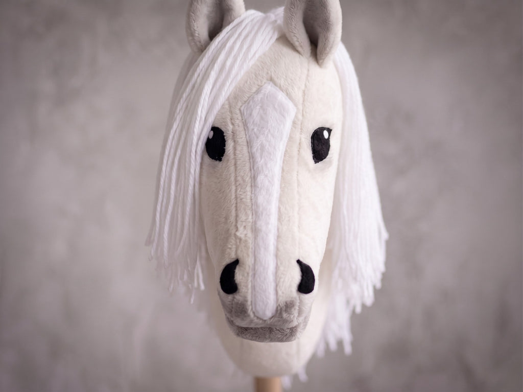 White Stick Horse Toy, Elegant Hobby Horse for Kids Pretend Play, Snowy White Mane, Free Halter Included, Horse Lover Gift