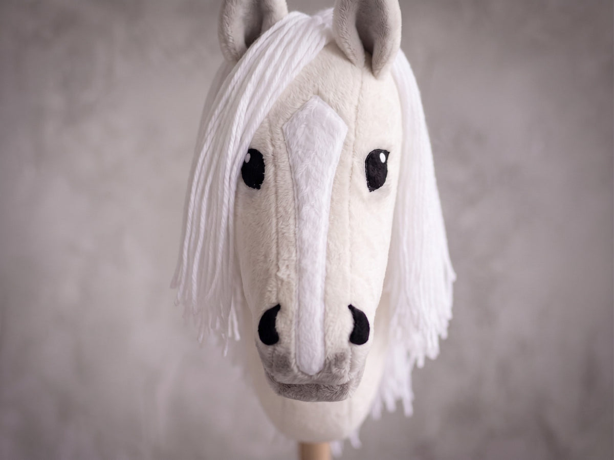 White Stick Horse Toy, Elegant Hobby Horse for Kids Pretend Play, Snowy White Mane, Free Halter Included, Horse Lover Gift