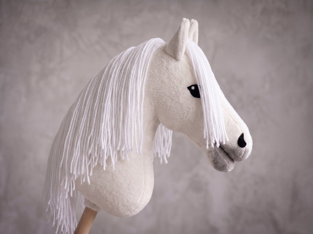 White Stick Horse Toy, Elegant Hobby Horse for Kids Pretend Play, Snowy White Mane, Free Halter Included, Horse Lover Gift