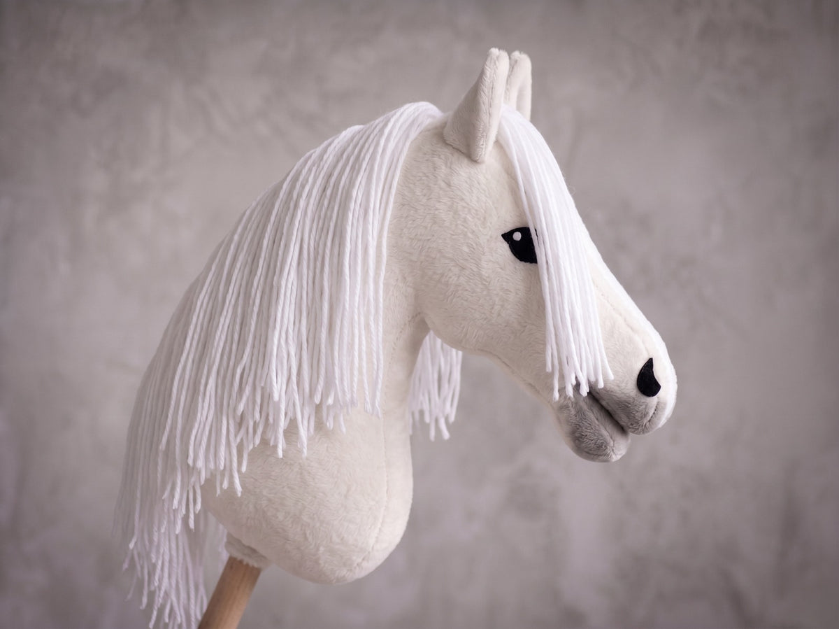 White Stick Horse Toy, Elegant Hobby Horse for Kids Pretend Play, Snowy White Mane, Free Halter Included, Horse Lover Gift
