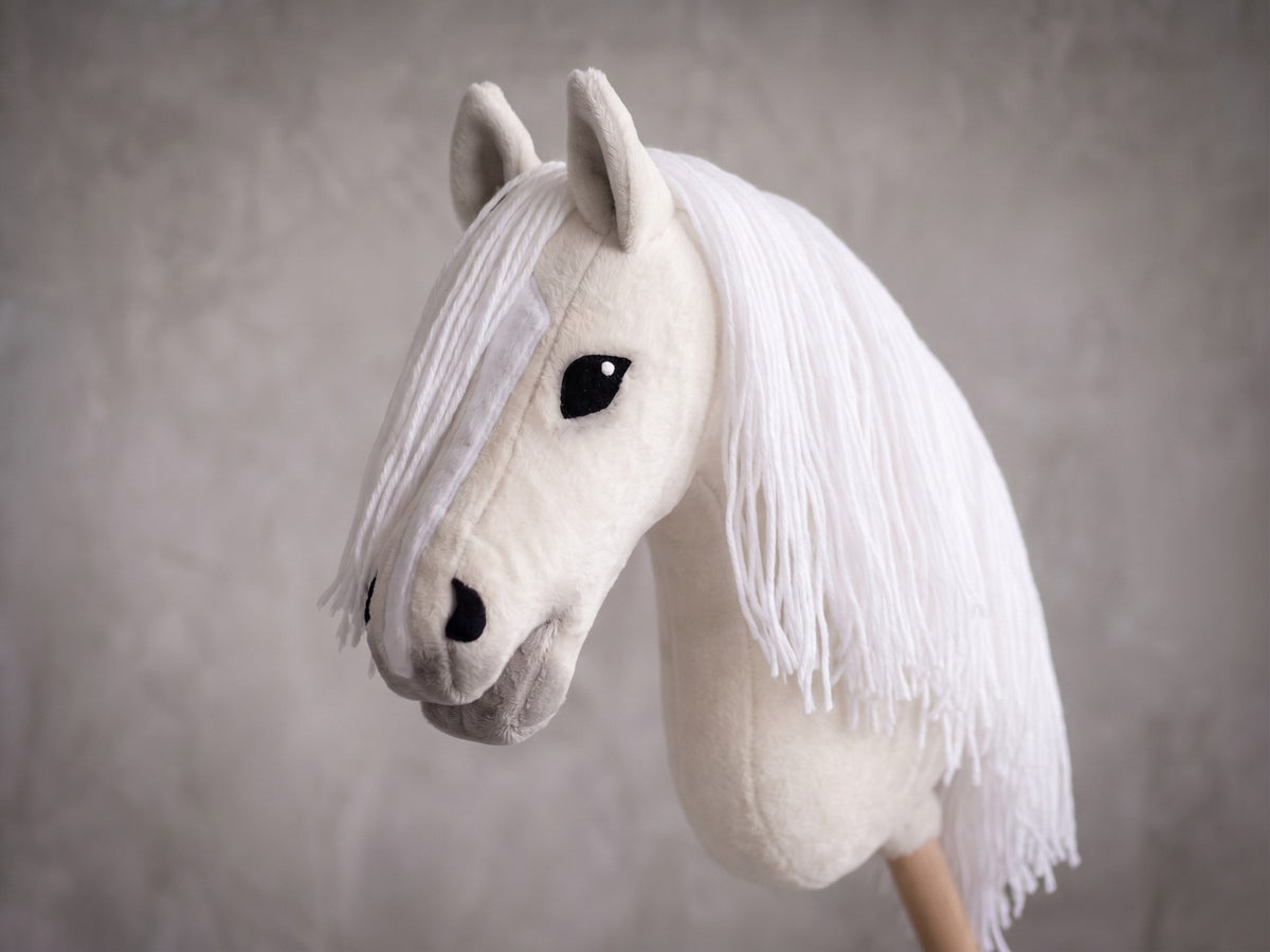 White Stick Horse Toy, Elegant Hobby Horse for Kids Pretend Play, Snowy White Mane, Free Halter Included, Horse Lover Gift