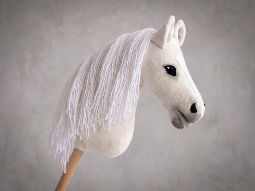 White Stick Horse Toy, Elegant Hobby Horse for Kids Pretend Play, Snowy White Mane, Free Halter Included, Horse Lover Gift