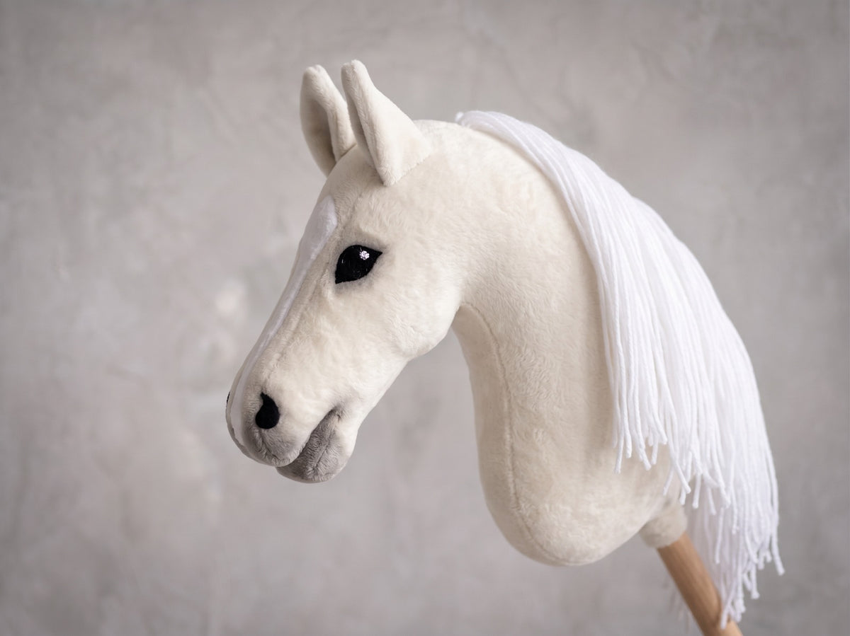 White Stick Horse Toy, Elegant Hobby Horse for Kids Pretend Play, Snowy White Mane, Free Halter Included, Horse Lover Gift