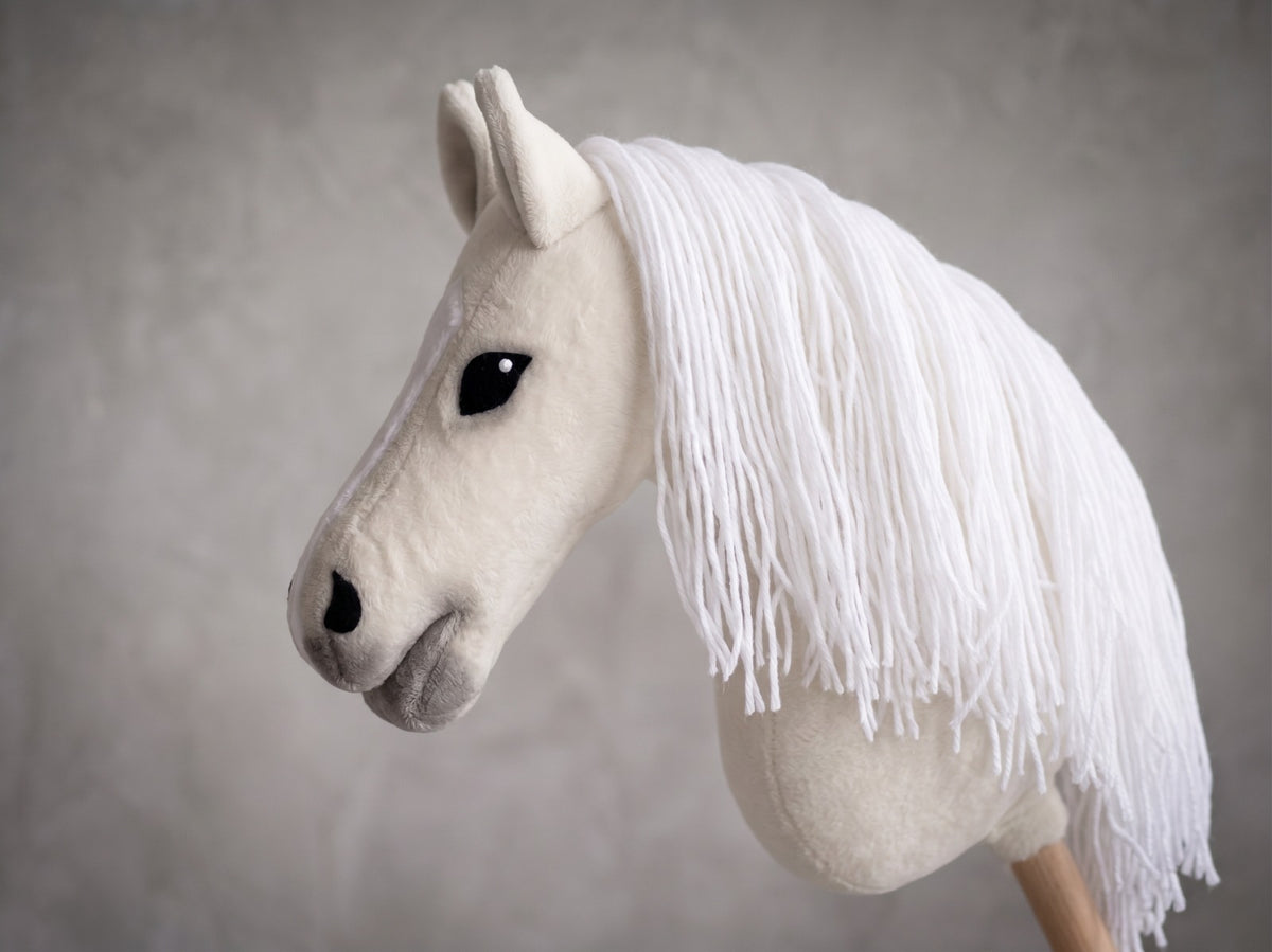 White Stick Horse Toy, Elegant Hobby Horse for Kids Pretend Play, Snowy White Mane, Free Halter Included, Horse Lover Gift