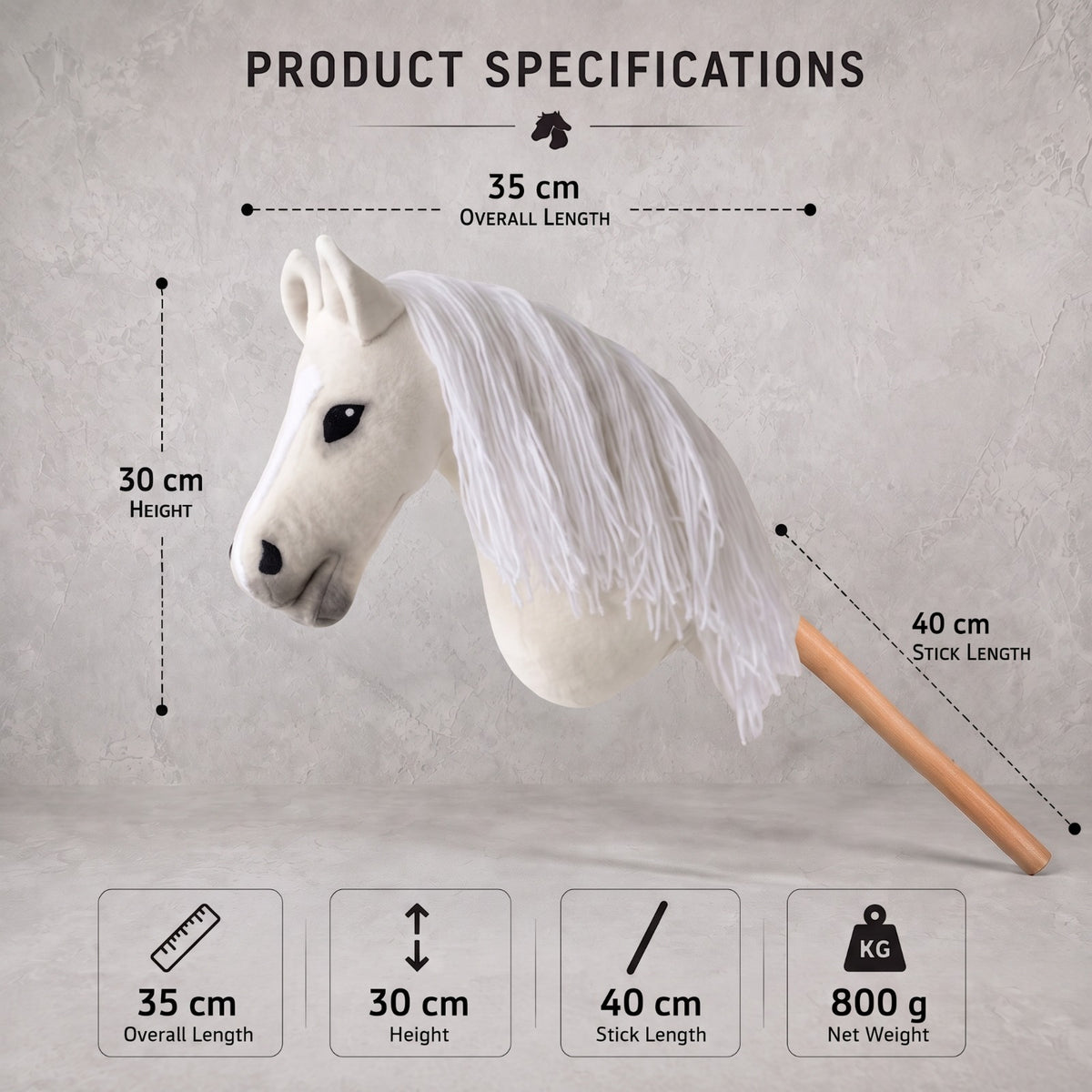 White Stick Horse Toy, Elegant Hobby Horse for Kids Pretend Play, Snowy White Mane, Free Halter Included, Horse Lover Gift