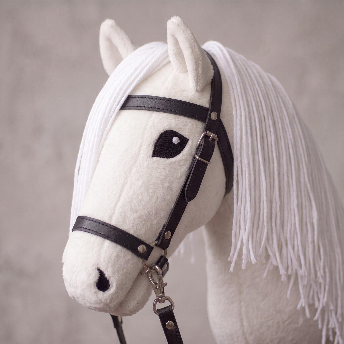 White Stick Horse Toy, Elegant Hobby Horse for Kids Pretend Play, Long White Mane, Black Halter Included, Horse Lover Gift