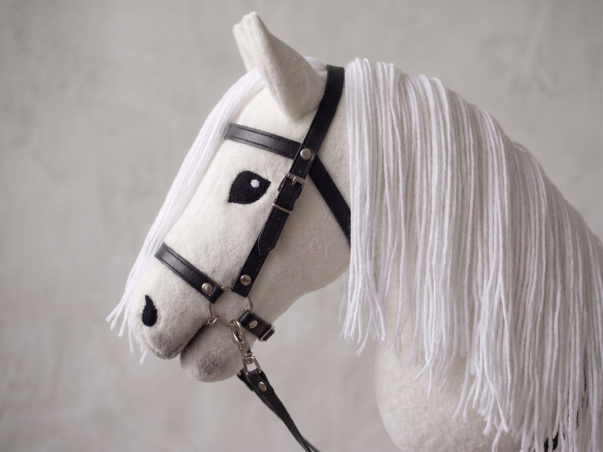 White Stick Horse Toy, Elegant Hobby Horse for Kids Pretend Play, Long White Mane, Black Halter Included, Horse Lover Gift