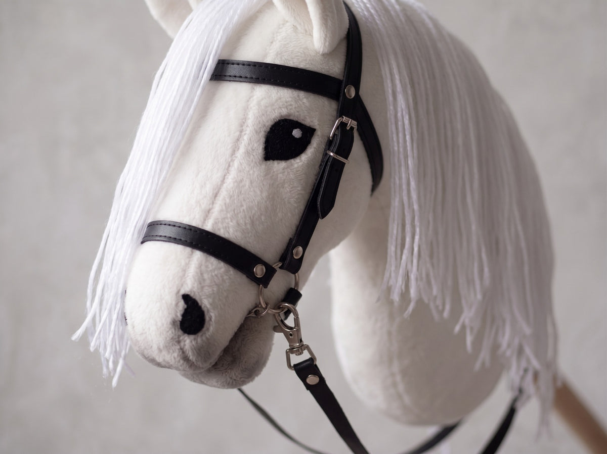 White Stick Horse Toy, Elegant Hobby Horse for Kids Pretend Play, Long White Mane, Black Halter Included, Horse Lover Gift
