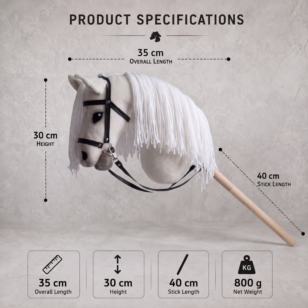 White Stick Horse Toy, Elegant Hobby Horse for Kids Pretend Play, Long White Mane, Black Halter Included, Horse Lover Gift