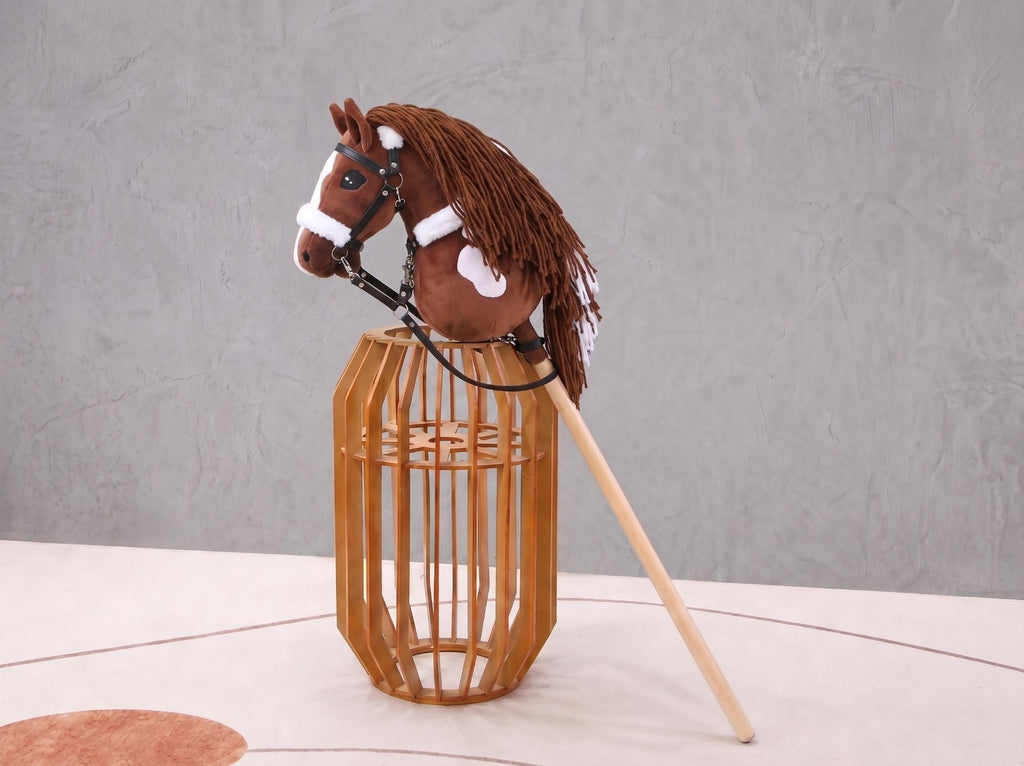 Brown and White Stick Horse Toy, Pinto Hobby Horse for Kids Pretend Play, Fluffy Halter Included, Horse Lover Gift