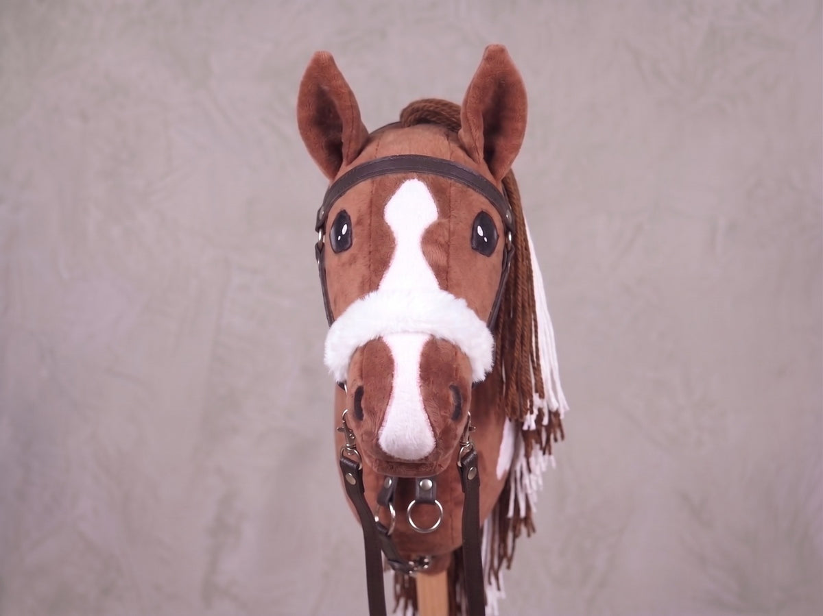 Brown and White Stick Horse Toy, Pinto Hobby Horse for Kids Pretend Play, Fluffy Halter Included, Horse Lover Gift