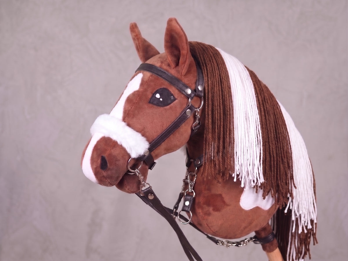 Brown and White Stick Horse Toy, Pinto Hobby Horse for Kids Pretend Play, Fluffy Halter Included, Horse Lover Gift