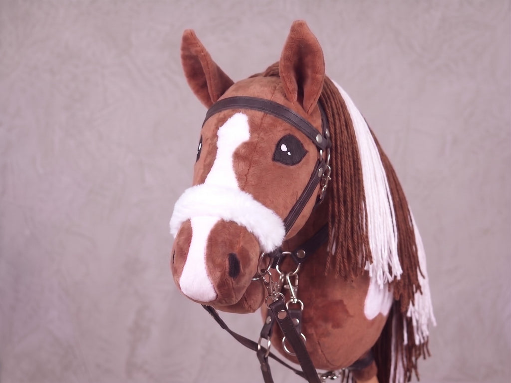 Brown and White Stick Horse Toy, Pinto Hobby Horse for Kids Pretend Play, Fluffy Halter Included, Horse Lover Gift