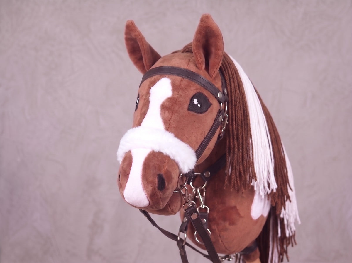 Brown and White Stick Horse Toy, Pinto Hobby Horse for Kids Pretend Play, Fluffy Halter Included, Horse Lover Gift
