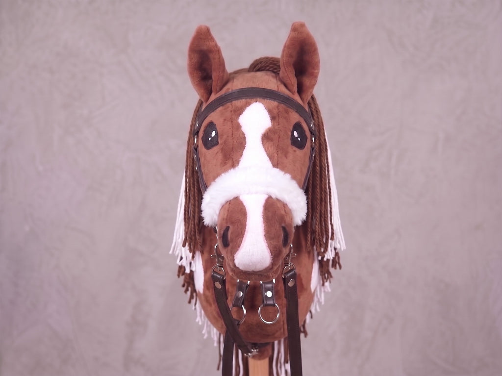 Brown and White Stick Horse Toy, Pinto Hobby Horse for Kids Pretend Play, Fluffy Halter Included, Horse Lover Gift