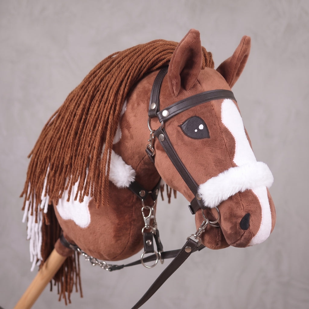 Brown and White Stick Horse Toy, Pinto Hobby Horse for Kids Pretend Play, Fluffy Halter Included, Horse Lover Gift