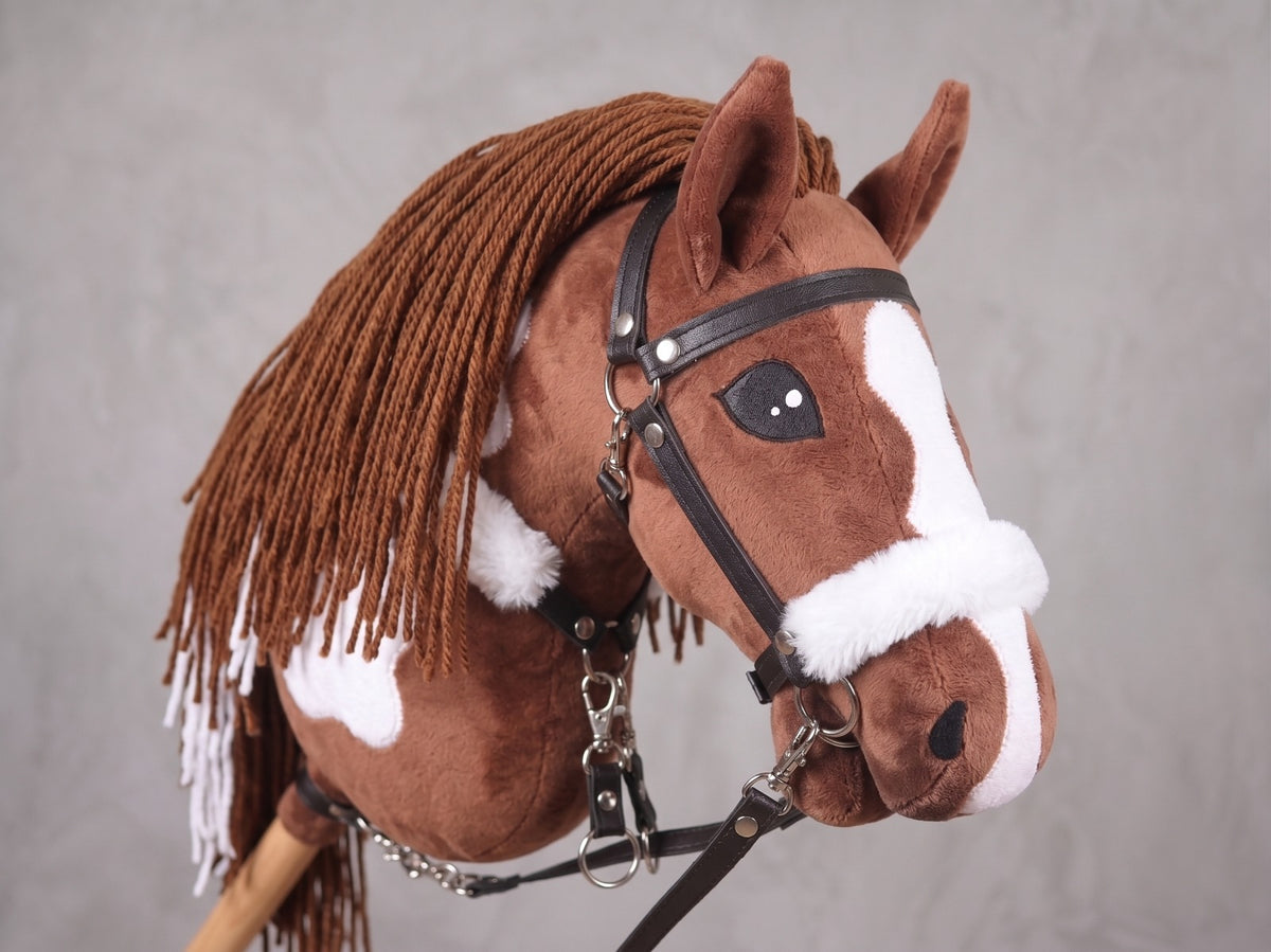 Brown and White Stick Horse Toy, Pinto Hobby Horse for Kids Pretend Play, Fluffy Halter Included, Horse Lover Gift
