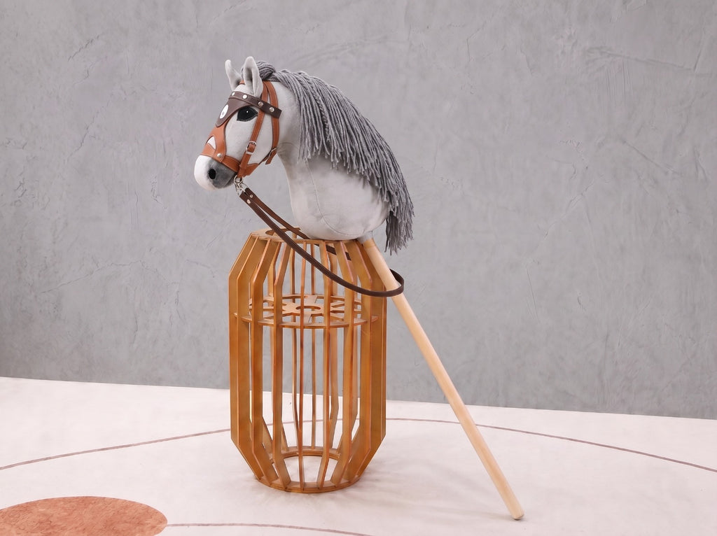 Light Gray Stick Horse Toy, Elegant Hobby Horse for Kids Pretend Play, Charcoal Mane, Black Halter Included, Horse Lover Gift