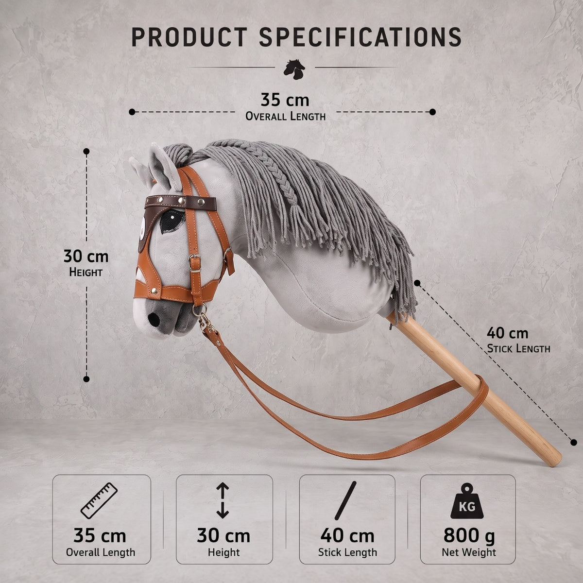 Light Gray Stick Horse Toy, Elegant Hobby Horse for Kids Pretend Play, Charcoal Mane, Black Halter Included, Horse Lover Gift