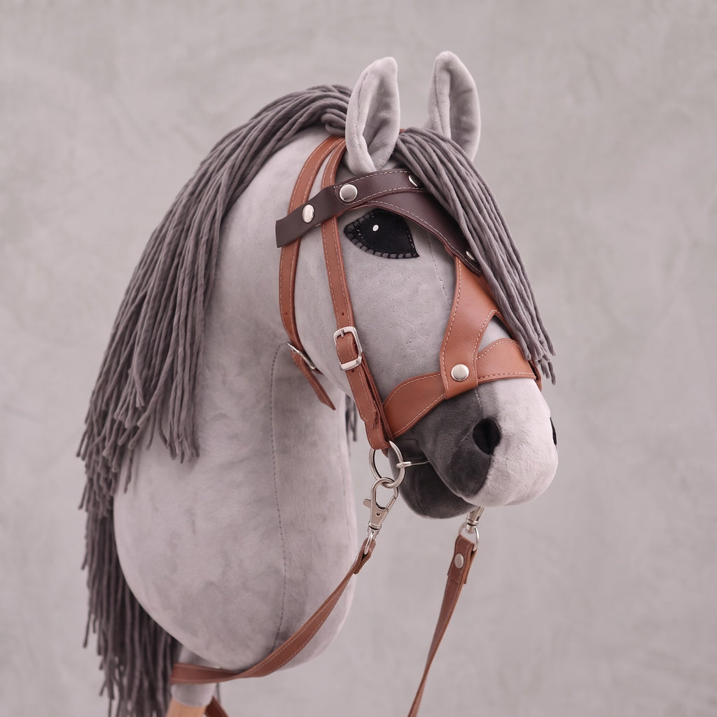 Light Gray Stick Horse Toy, Elegant Hobby Horse for Kids Pretend Play, Charcoal Mane, Black Halter Included, Horse Lover Gift