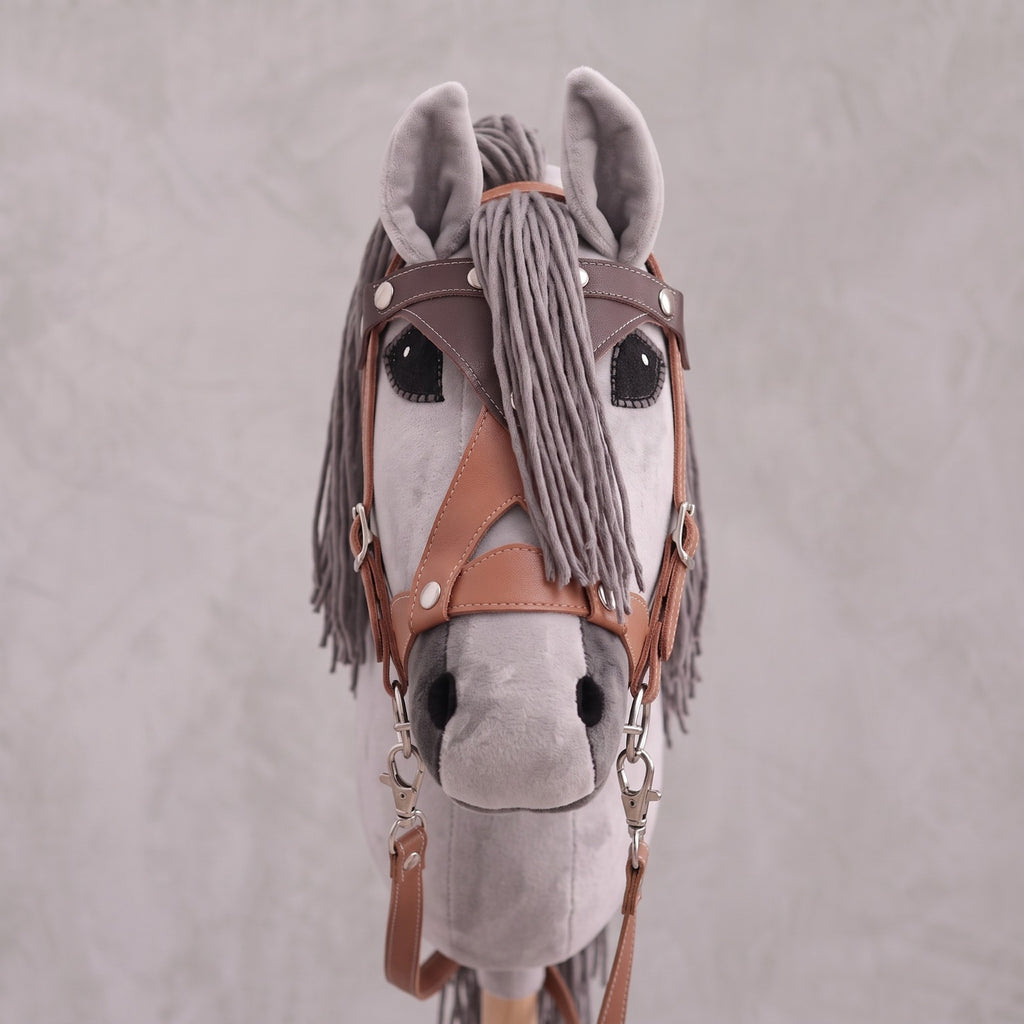 Light Gray Stick Horse Toy, Elegant Hobby Horse for Kids Pretend Play, Charcoal Mane, Black Halter Included, Horse Lover Gift