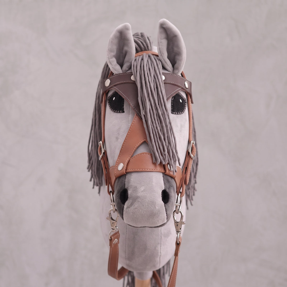 Light Gray Stick Horse Toy, Elegant Hobby Horse for Kids Pretend Play, Charcoal Mane, Black Halter Included, Horse Lover Gift
