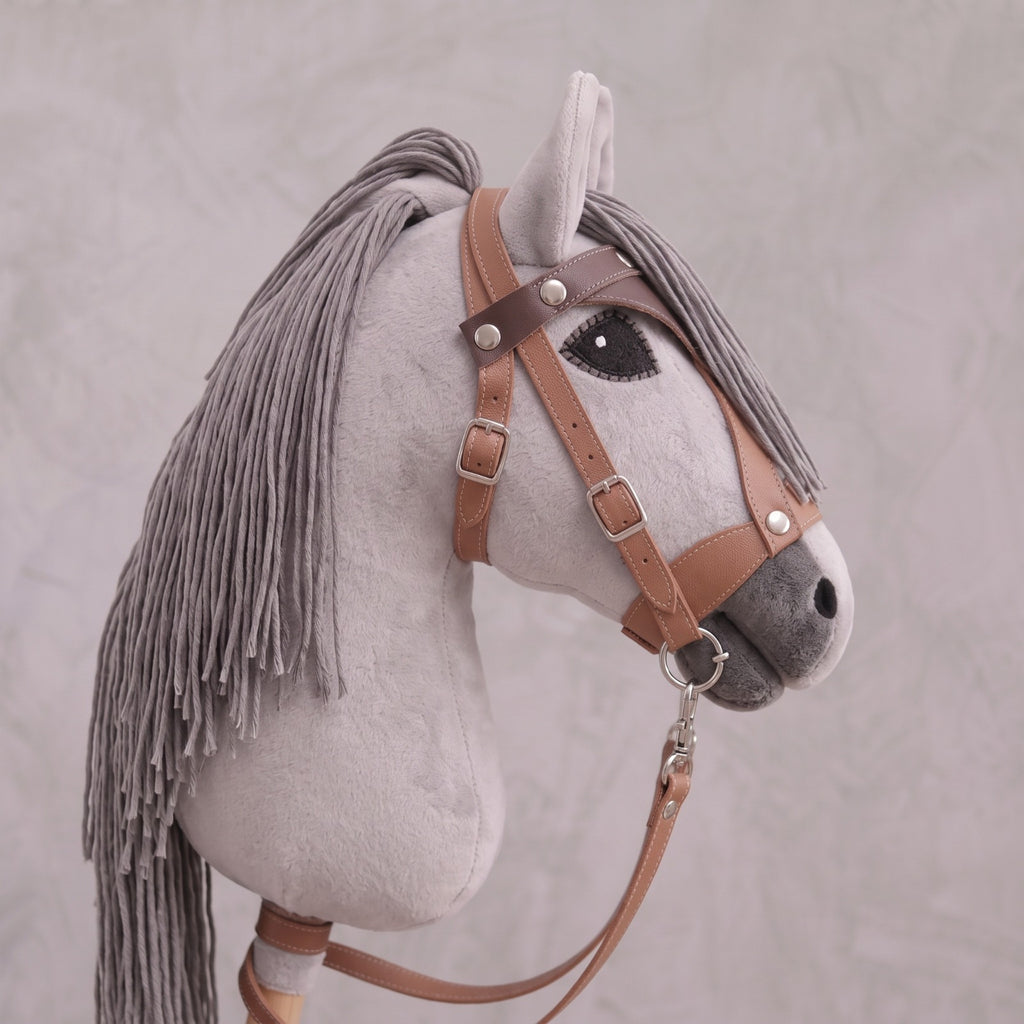 Light Gray Stick Horse Toy, Elegant Hobby Horse for Kids Pretend Play, Charcoal Mane, Black Halter Included, Horse Lover Gift