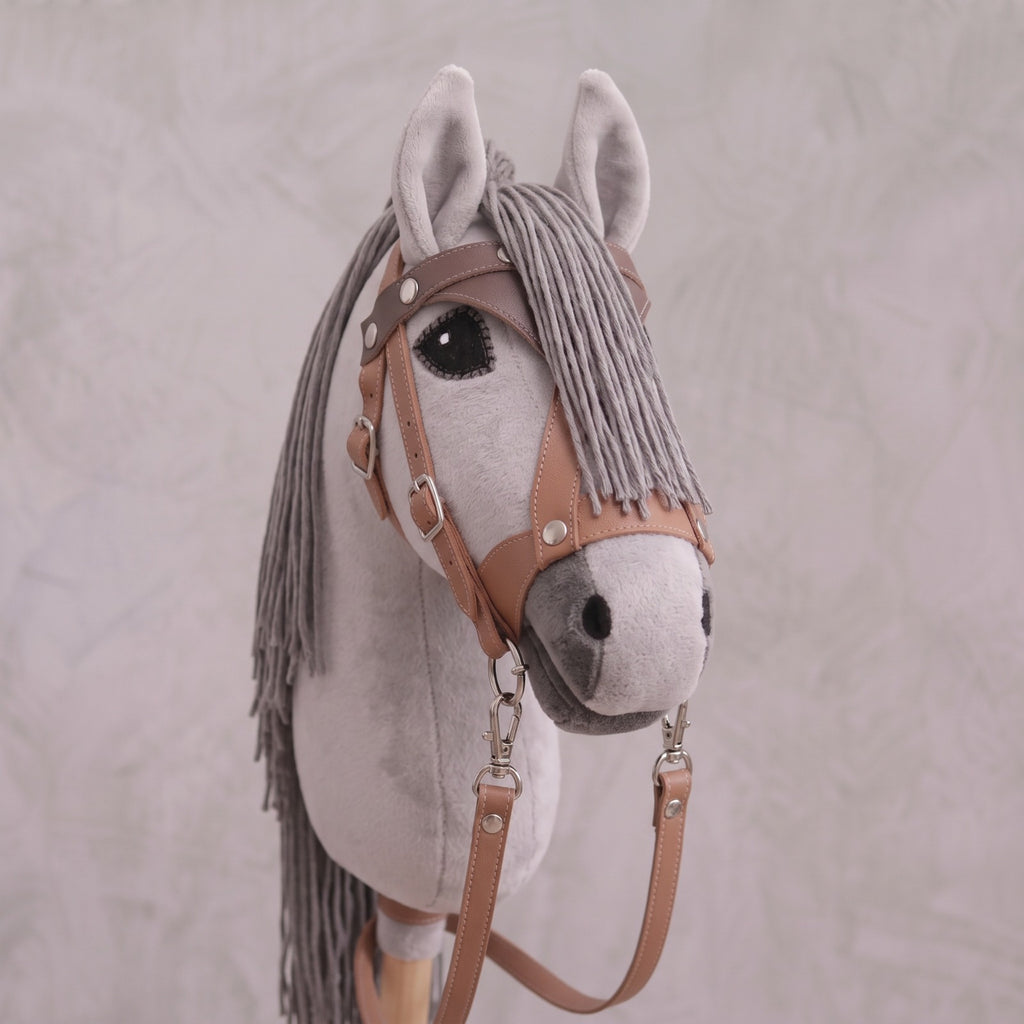 Light Gray Stick Horse Toy, Elegant Hobby Horse for Kids Pretend Play, Charcoal Mane, Black Halter Included, Horse Lover Gift