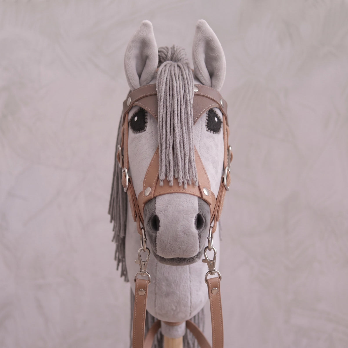 Light Gray Stick Horse Toy, Elegant Hobby Horse for Kids Pretend Play, Charcoal Mane, Black Halter Included, Horse Lover Gift