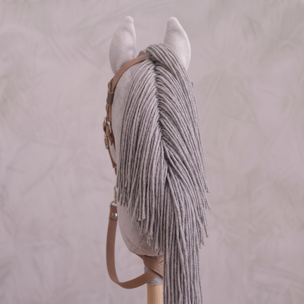 Light Gray Stick Horse Toy, Elegant Hobby Horse for Kids Pretend Play, Charcoal Mane, Black Halter Included, Horse Lover Gift