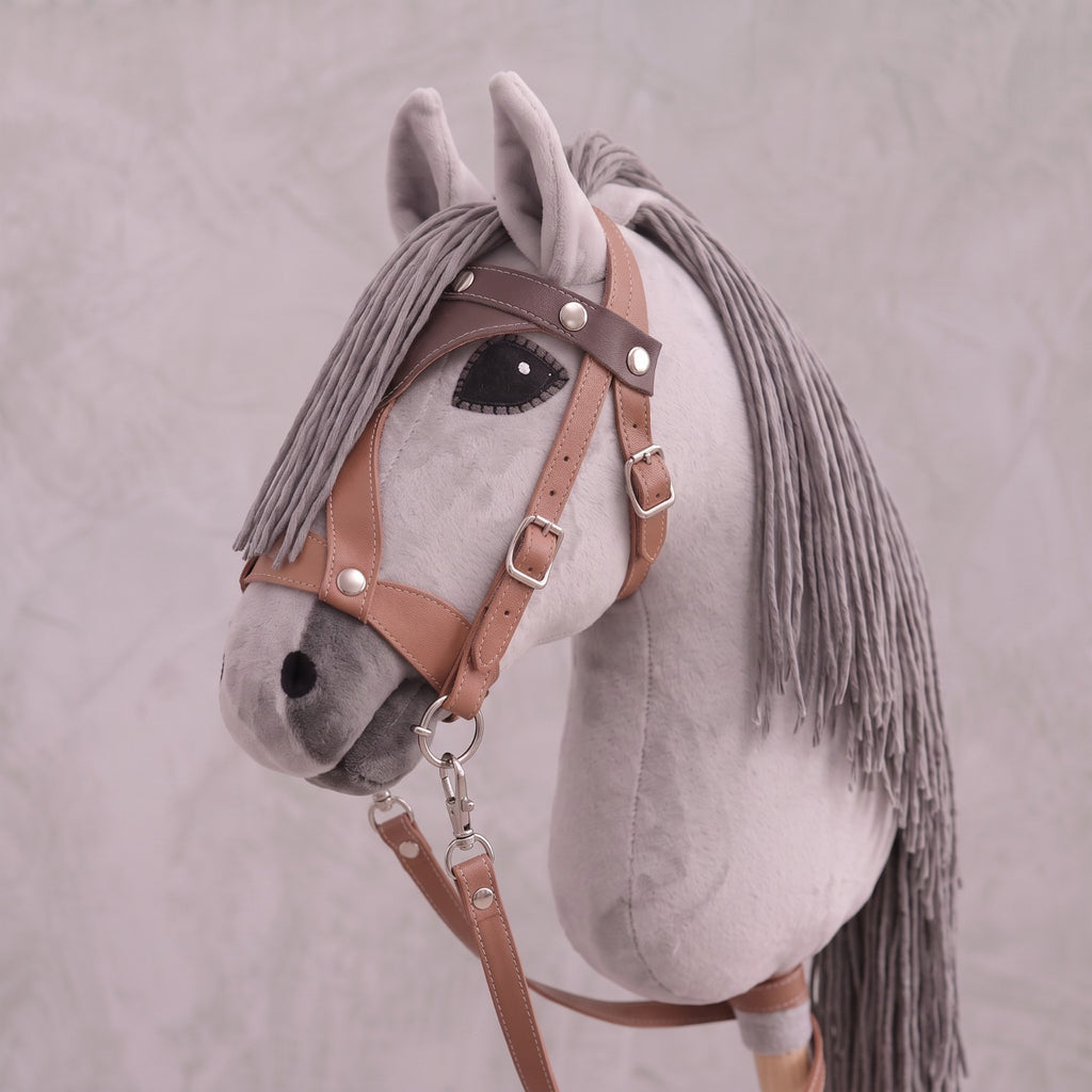 Light Gray Stick Horse Toy, Elegant Hobby Horse for Kids Pretend Play, Charcoal Mane, Black Halter Included, Horse Lover Gift