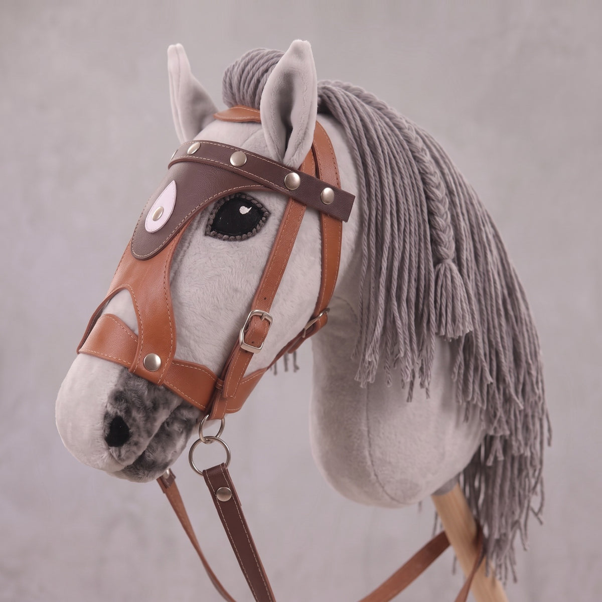 Light Gray Stick Horse Toy, Elegant Hobby Horse for Kids Pretend Play, Charcoal Mane, Black Halter Included, Horse Lover Gift