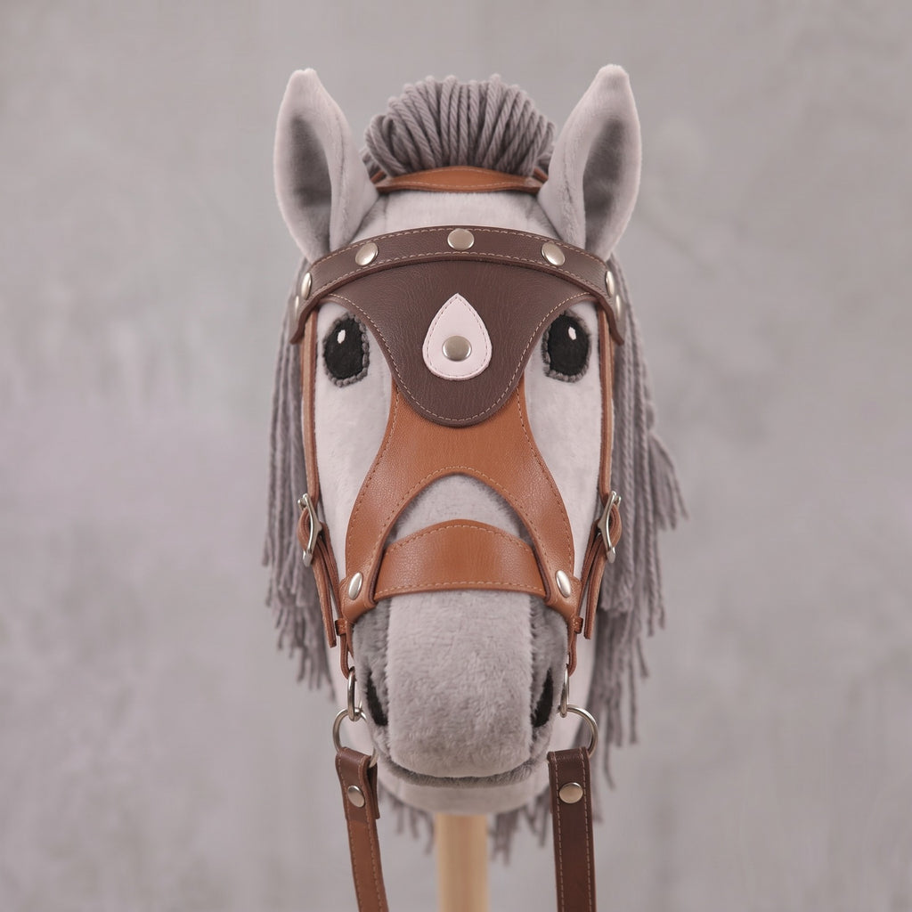 Light Gray Stick Horse Toy, Elegant Hobby Horse for Kids Pretend Play, Charcoal Mane, Black Halter Included, Horse Lover Gift