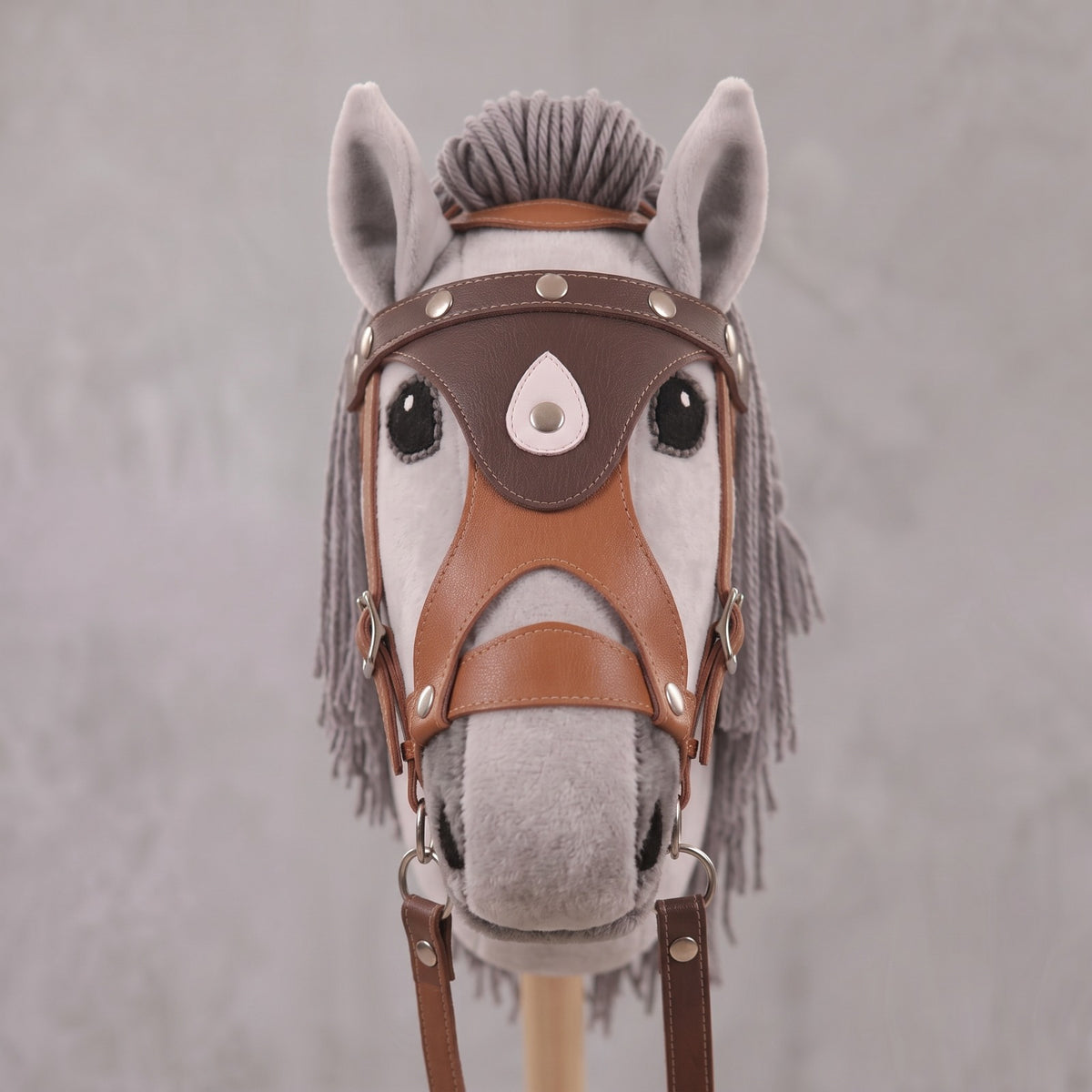 Light Gray Stick Horse Toy, Elegant Hobby Horse for Kids Pretend Play, Charcoal Mane, Black Halter Included, Horse Lover Gift