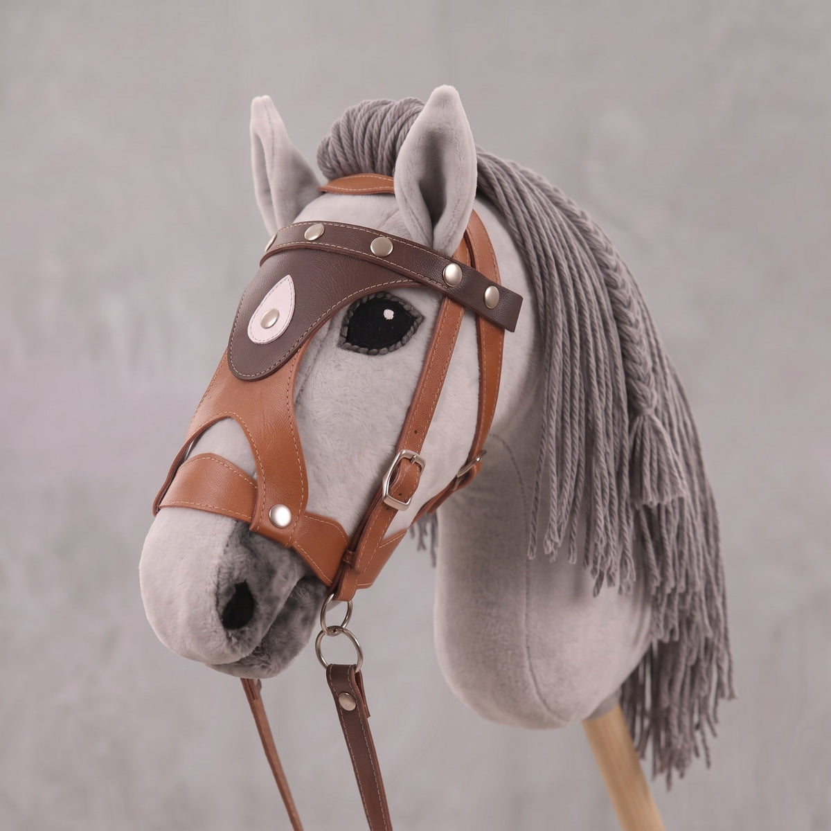 Light Gray Stick Horse Toy, Elegant Hobby Horse for Kids Pretend Play, Charcoal Mane, Black Halter Included, Horse Lover Gift