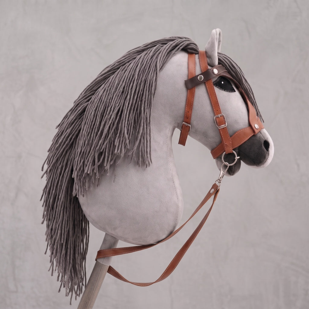 Light Gray Stick Horse Toy, Elegant Hobby Horse for Kids Pretend Play, Charcoal Mane, Black Halter Included, Horse Lover Gift
