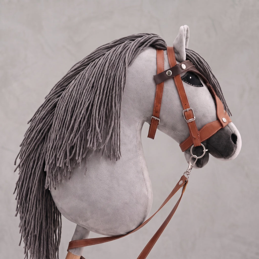 Light Gray Stick Horse Toy, Elegant Hobby Horse for Kids Pretend Play, Charcoal Mane, Black Halter Included, Horse Lover Gift