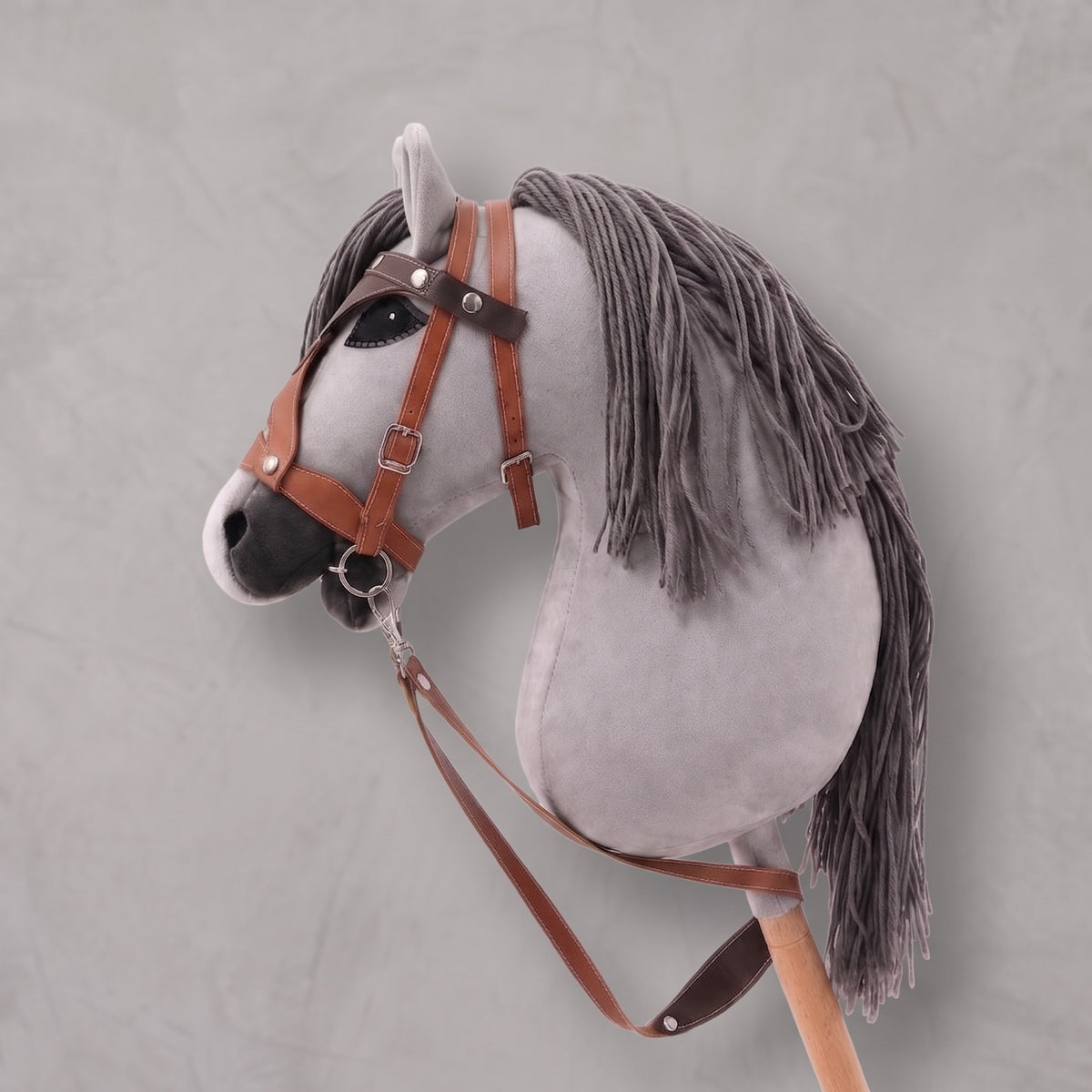 Light Gray Stick Horse Toy, Elegant Hobby Horse for Kids Pretend Play, Charcoal Mane, Black Halter Included, Horse Lover Gift