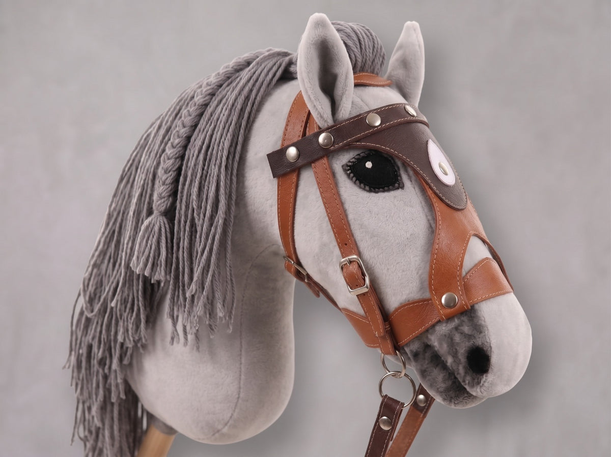 Light Gray Stick Horse Toy, Elegant Hobby Horse for Kids Pretend Play, Charcoal Mane, Black Halter Included, Horse Lover Gift