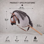 Light Gray Stick Horse Toy, Elegant Hobby Horse for Kids Pretend Play, Charcoal Mane, Black Halter Included, Horse Lover Gift
